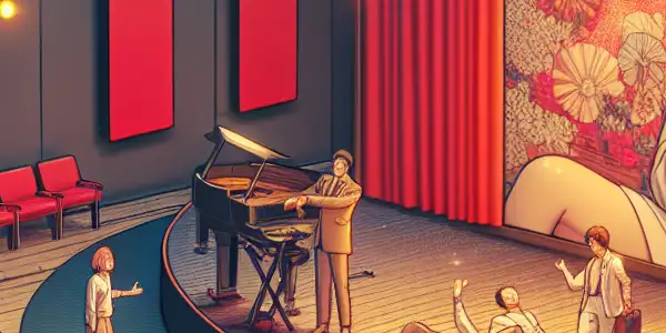 A vibrant Japanese film set bustling with diverse actors rehearsing for an original adult film.