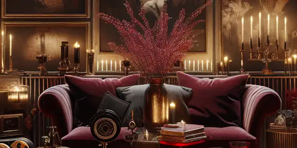 A luxurious, dimly lit room featuring vintage film reels, modern devices, and intimate decor evoking sensuality and allure.