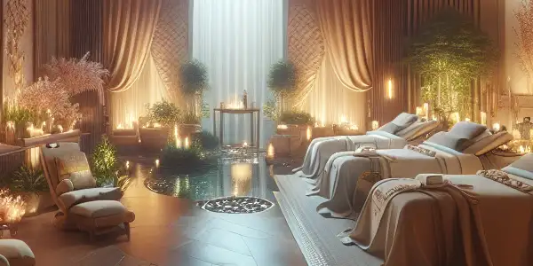 A luxurious spa room with ambient lighting, massage tables, aromatic candles, and a large screen displaying sensual visuals.