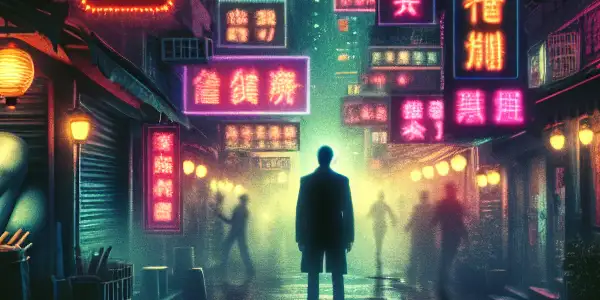 A mysterious figure in a dark urban setting, surrounded by shadows and provocative elements, embodies danger and allure.