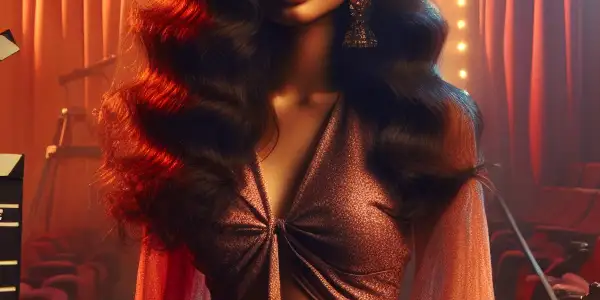 A confident young woman in vintage attire gazes at a classic movie poster in a nostalgic 1970s film studio.