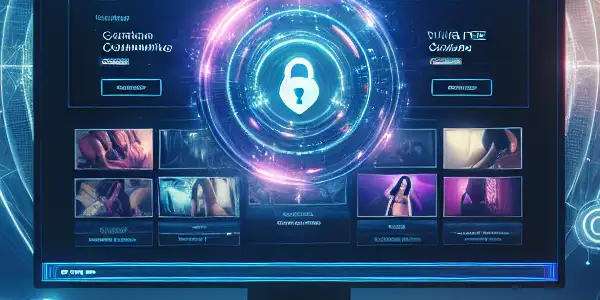 A cozy, dimly lit room with a modern computer setup displaying a secure adult website interface.