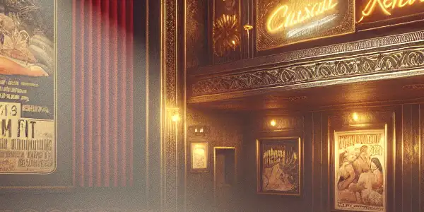A vintage cinema setting with plush red seats, golden marquee, and iconic scenes from classic Japanese adult films.