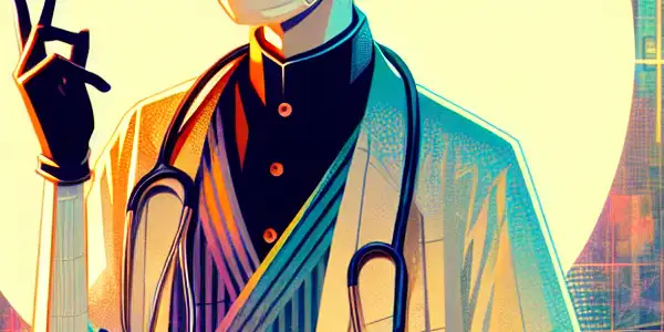 A fashionable character in a chic nurse outfit poses playfully in a vibrant urban setting with cherry blossoms and neon lights.