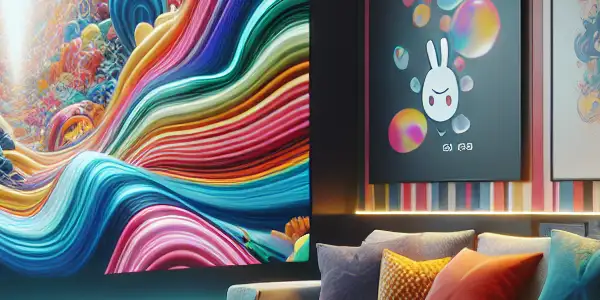 A cozy home entertainment room featuring a large screen showcasing abstract adult content and emphasizing safety.