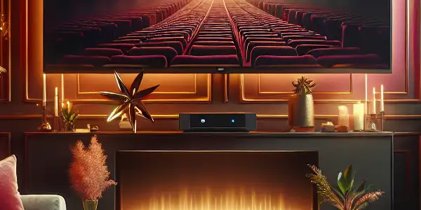 A cozy, intimate room featuring plush furnishings and a modern TV displaying a vibrant adult film scene.