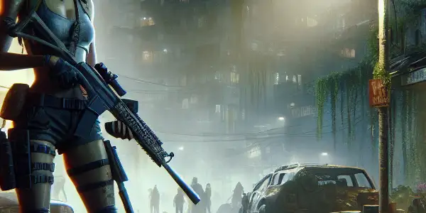 A determined female protagonist confronts a lurking zombie in a post-apocalyptic cityscape filled with tension and eerie atmosphere.