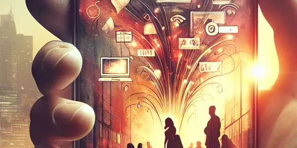 A smartphone displaying intimate adult content, held in a hand against a blurred urban backdrop.