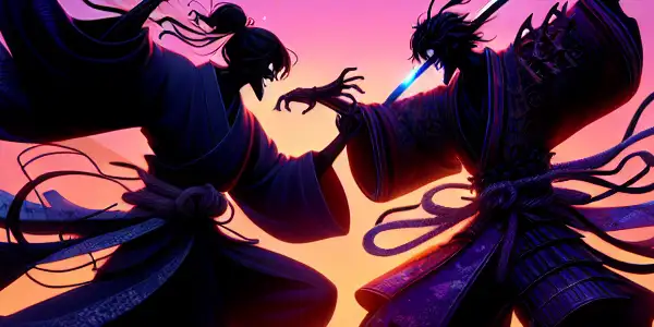 Two ninjas battle in a traditional Japanese landscape at dusk, surrounded by cherry blossoms and ancient architecture.