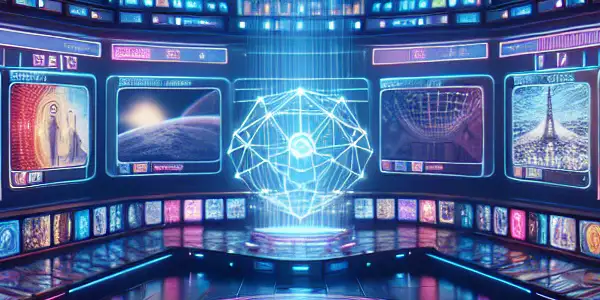 A futuristic digital library showcasing holographic adult film thumbnails, illuminated by neon lights, emphasizing privacy and technology.