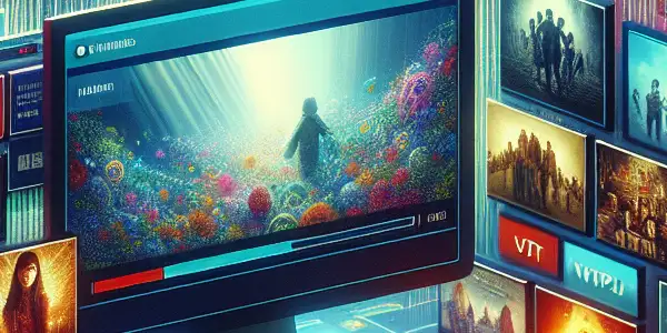 A sleek digital interface showcasing vibrant thumbnails of adult films, set against a futuristic cityscape.