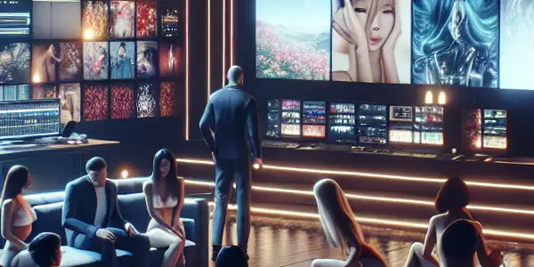 A modern film studio scene with diverse filmmakers discussing storyboards for personalized adult entertainment projects.