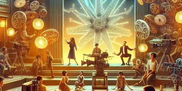 A vibrant film studio scene showcasing actors and filmmakers discussing Japanese AV cinema amidst colorful lights and iconic film posters.