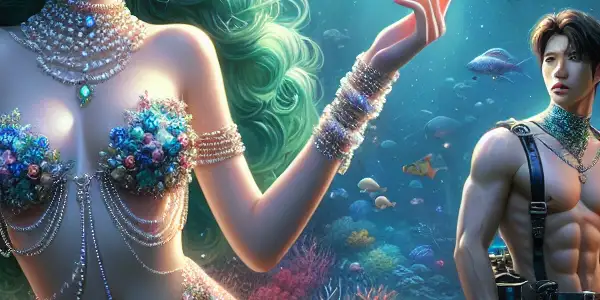 A captivating underwater scene featuring a mesmerizing mermaid and a diver, blending fantasy and allure with themes of forbidden romance.