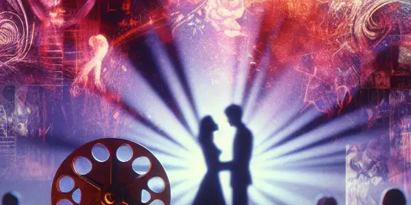 A dimly lit film set featuring a vintage projector, silhouettes of characters, and symbols of taboo relationships and desire.