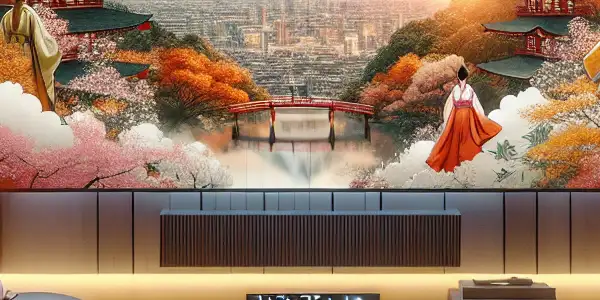 A cozy living room with a large screen displaying abstract imagery, blending Japanese and Korean cultural elements.