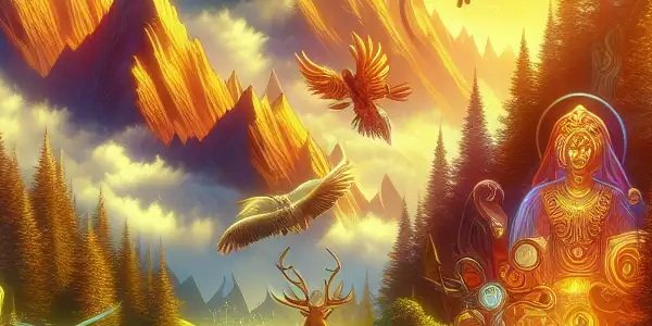 A vibrant fantasy landscape featuring adventurous characters inspired by classic cinema, with mystical creatures and enchanting elements.